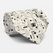 Modern Circuit Pattern Zwart en Beige Stropdas (Opgerold)