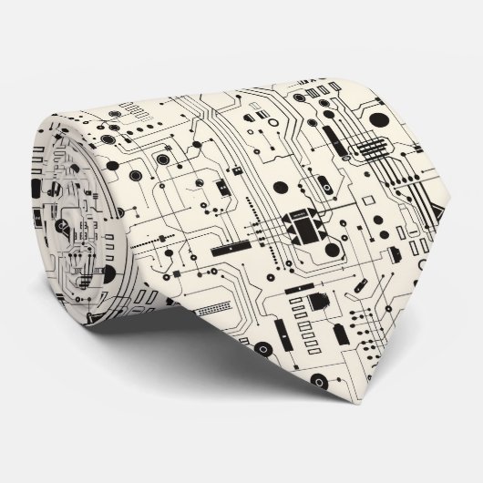 Modern Circuit Pattern Zwart en Beige Stropdas (Opgerold)