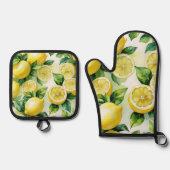 Modern citroenblauw bloemenscript vrijgezellenfees ovenwant & pannenlap set (Voorkant)