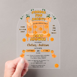 Modern Citrus Luxe Sinaasappel u klaar Baby shower Acryl Uitnodigingen