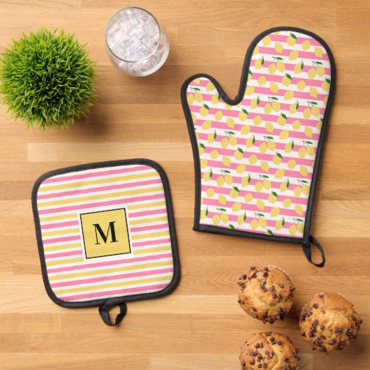 Modern citruspatroon monogram ovenwant & pannenlap set (Top down)