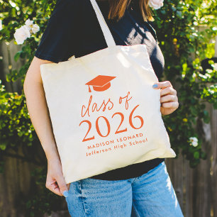 Modern Class of 2025 Oranje Script Afstuderen Tote Bag