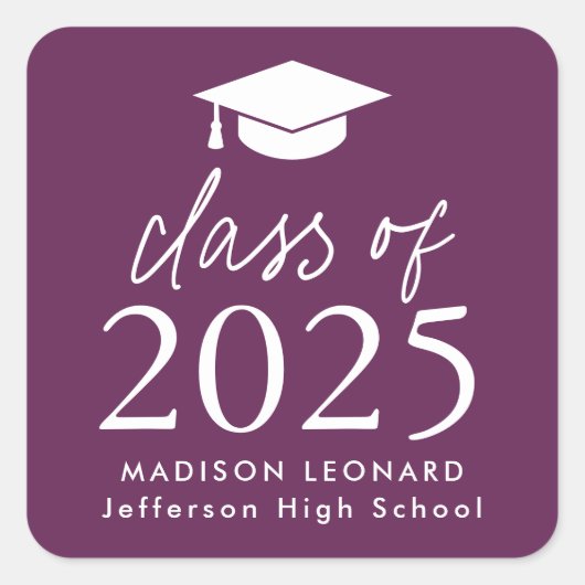 Modern Class of 2025 Script Paarse Afstuderen Vierkante Sticker (Voorkant)
