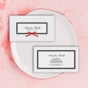 Modern Classic Black White Polka Dot Red Ribbon Visitekaartje
