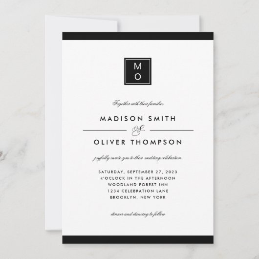 Modern Classic Elegant Zwart Monogram Bruiloft Kaart (Voorkant)