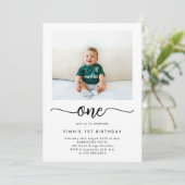 Modern Classic First Birthday Photo Invitation Kaart (Staand voorkant)
