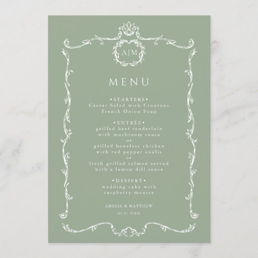 Modern Classic French Frame Sage Green Wedding Menu (Voorkant)