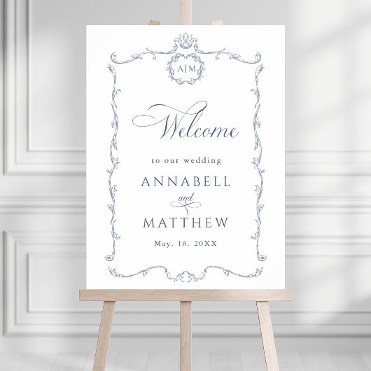 Modern Classic French Wedding Dusty Blue Welcome Poster