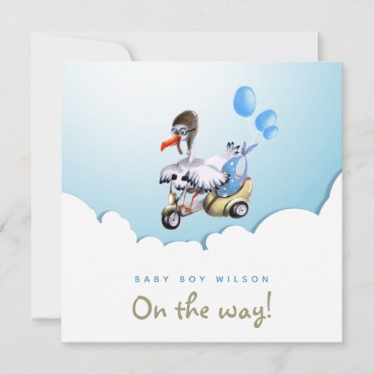 Modern Classy Funny Stork Scooter Boy Zwangerschap Aankondiging (Voorkant)