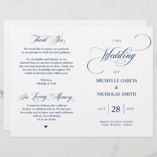 Modern Classy Navy Blue, vouwbaar huwelijksprogram (Voorkant / Achterkant)