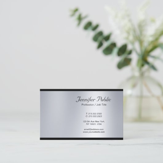 Modern Classy Script Silver Professional Luxe Visitekaartje (Staand voorkant)