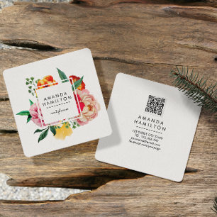 Modern Classy Waterverf Peony Floral QR CODE Vierkante Visitekaartje