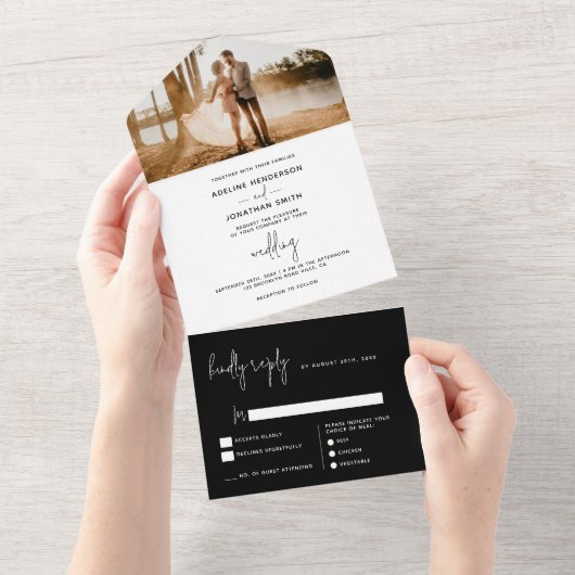 Modern Classy zwart-wit foto bruiloft All In One Uitnodiging (Afscheurbaar)