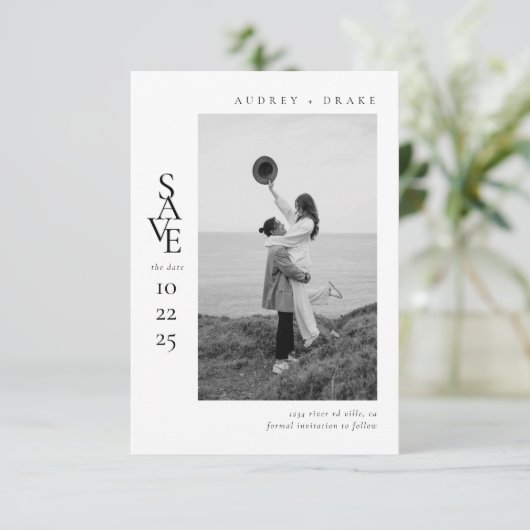 Modern Clean Black and White Photo Wedding Save The Date (Staand voorkant)