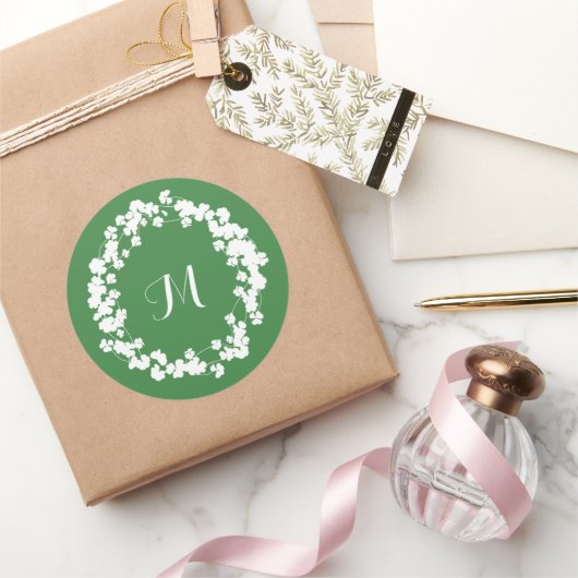 Modern Clover Leaves Wreats St Patricks Monogram Ronde Sticker (Geschenken)