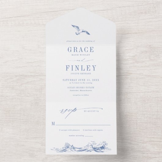 Modern Coastal Chic Blue Seaside Wedding All In One Uitnodiging (Binnen)