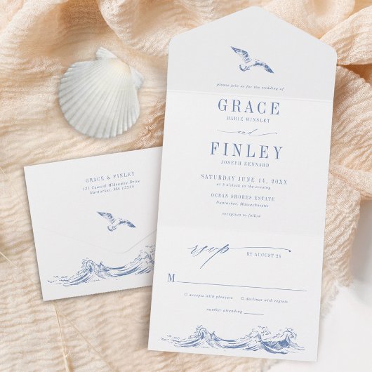 Modern Coastal Chic Blue Seaside Wedding All In One Uitnodiging