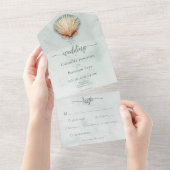 Modern Coastal Seashell Aqua Waterverf Diner All In One Uitnodiging (Afscheurbaar)