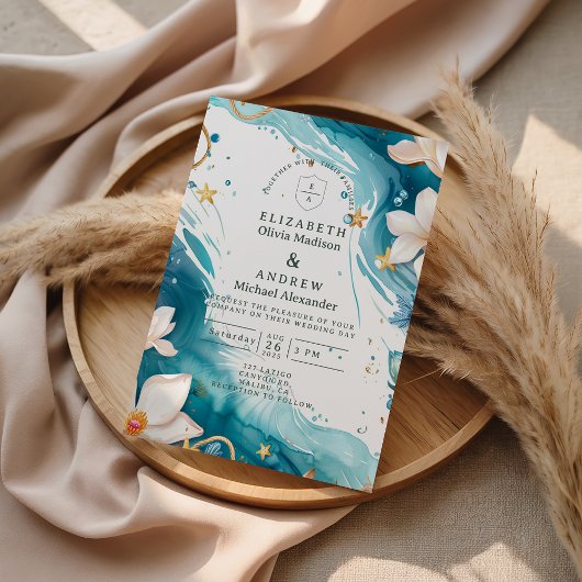 Modern Coastal Seashell Watercolor Wedding Kaart