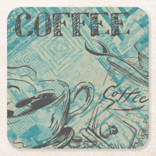 Modern Coffee Art Sketch Blue Vierkante Kartonnen Onderzetter