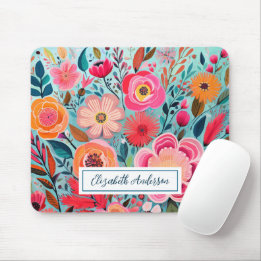 Modern Colorful Pink Flowers Monogram Muismat