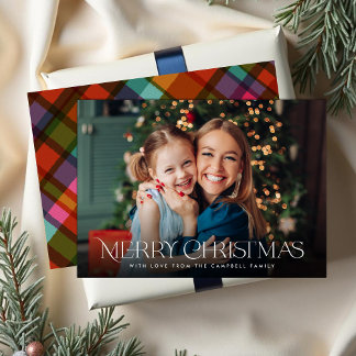 Modern Colorful Plaid Full Bleed Christmas Photo Feestdagenkaart