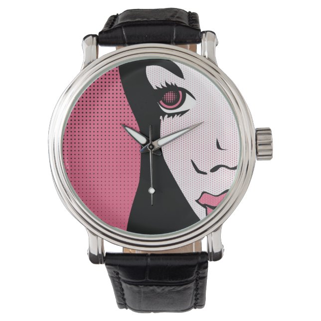 Modern Comic Book Pop Art of Woman's Face Horloge (Voorkant)