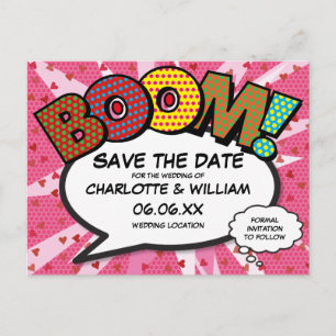 Modern Comic Book Wedding Pink Save the Date Briefkaart