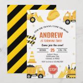 Modern Construction Birthday party Invitation boy Kaart (Voorkant / Achterkant)