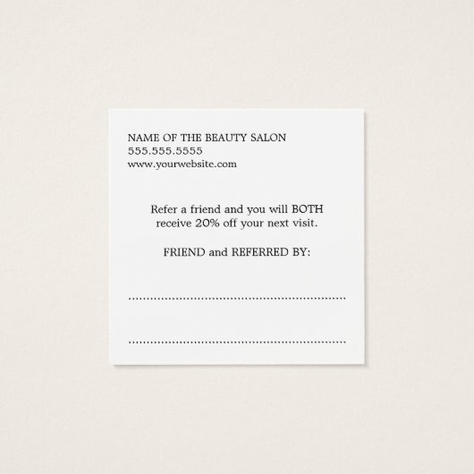 Modern Cool Blach White Beauty Salon Referral Vierkante Visitekaartjes (Achterkant)