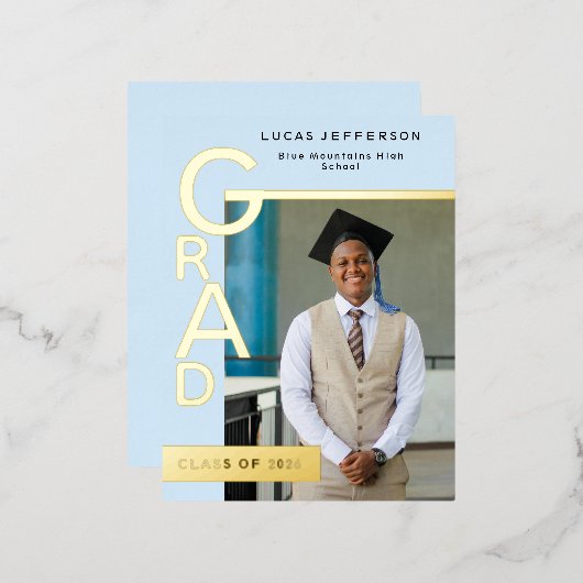 Modern Cool Blue Graduation Party Invitation Gold (Recto/Verso)