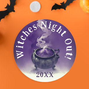 Modern Cool Meisjes Night Out Paarse Heksenketel Ronde Sticker