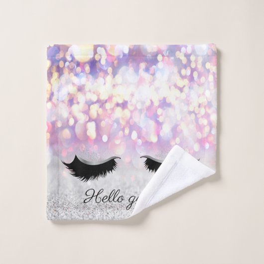 Modern Cool Pink Silver Glitter Bokeh, Faux Lashes Bad Handdoek (Wasdoekje)