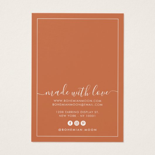 Modern copper white script earring display card (Dos)