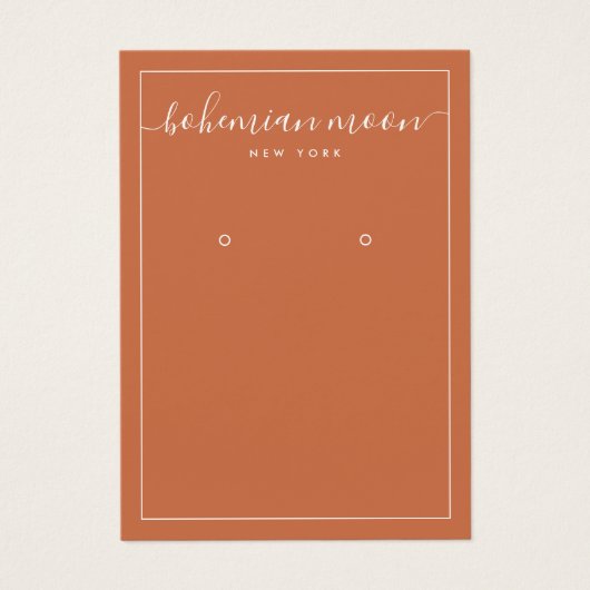 Modern copper white script earring display card (Devant)