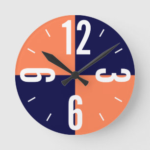 Modern coral and blue color blocks numers ronde klok