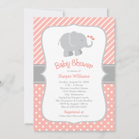 Modern Coral Elephant Girl Baby shower Kaart (Voorkant)