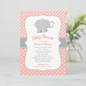 Modern Coral Elephant Girl Baby shower Kaart (Staand voorkant)