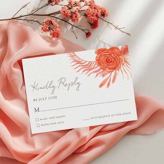 Modern Coral Floral Wedding RSVP Card Kaartje