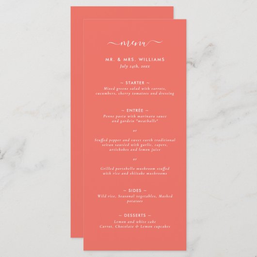 Modern Coral Minimalist Wedding Menu (Voorkant / Achterkant)