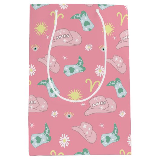 Modern Cowgirl Aries Zodiac Pattern roze Medium Cadeauzakje (Voorkant)