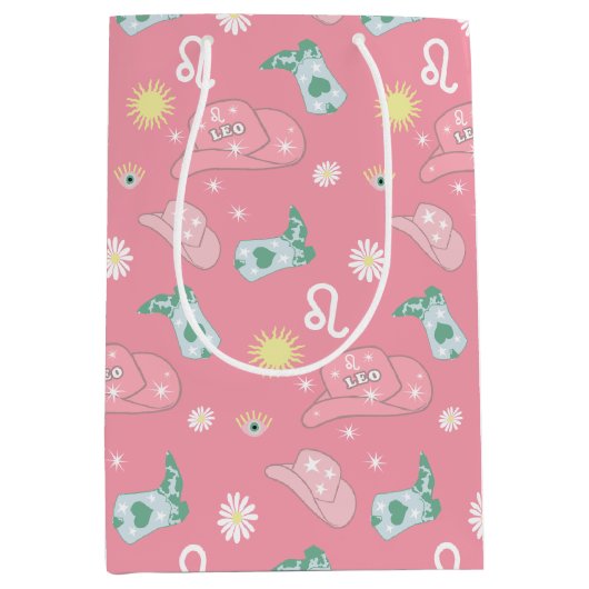 Modern Cowgirl Leo Zodiac Pattern Boho Pink Medium Cadeauzakje (Voorkant)