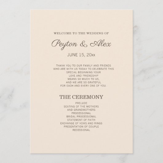 Modern Cream Brown Wedding Programme Programma (Voorkant)