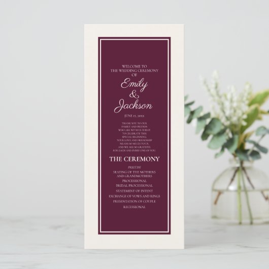Modern Crème Bruiloftsprogramma Bordeaux Programma (Staand voorkant)