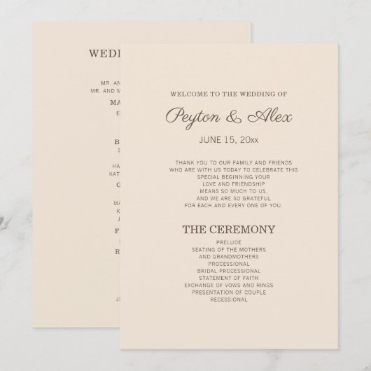 Modern Crème Bruiloftsprogramma Programma (Voorkant / Achterkant)