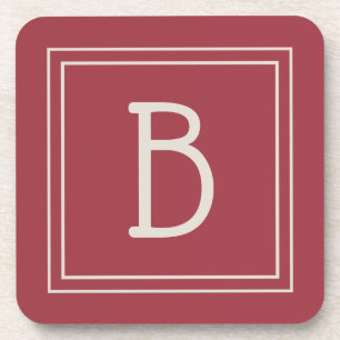 Modern Crimson Red & Off White Monogramed Initiaal Bier Onderzetter