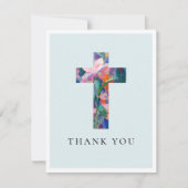 Modern Cross Floral Blue Baptism Photo Bedankkaart (Voorkant)