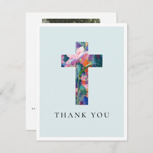 Modern Cross Floral Blue Baptism Photo Bedankkaart (Voorkant / Achterkant)