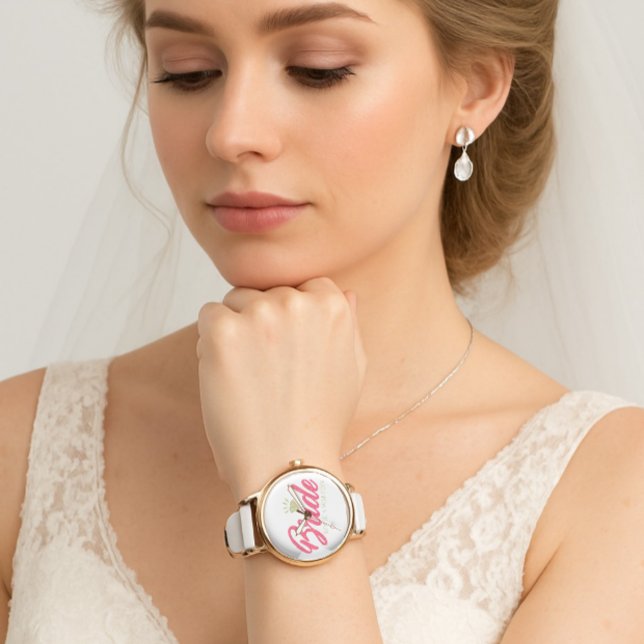 Modern Custom Bride Name Pink Glittery Diamond  Horloge (Modern elegant wedding bride watch)