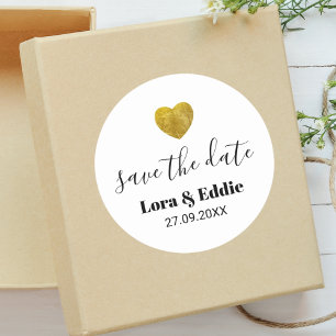 Modern Custom Gold Heart Bruiloft Save The Date Ronde Sticker